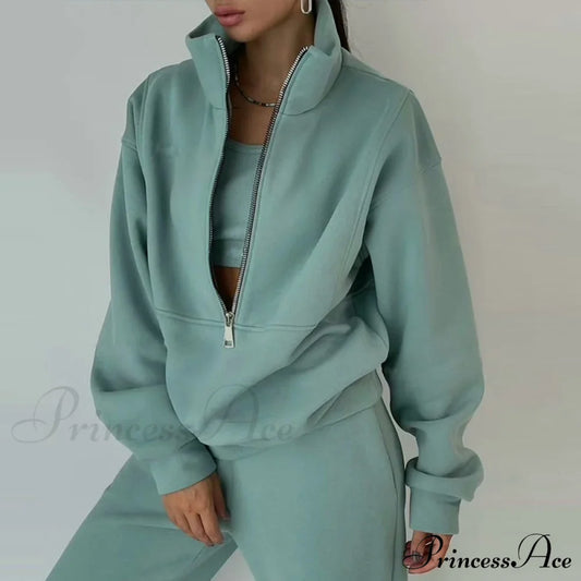 2-Piece Suit Warm Oversized Set Women's - Casual Trouser Polo Spring/Winter Fleece and - Sports Sweatshirt Zipper Tracksuit