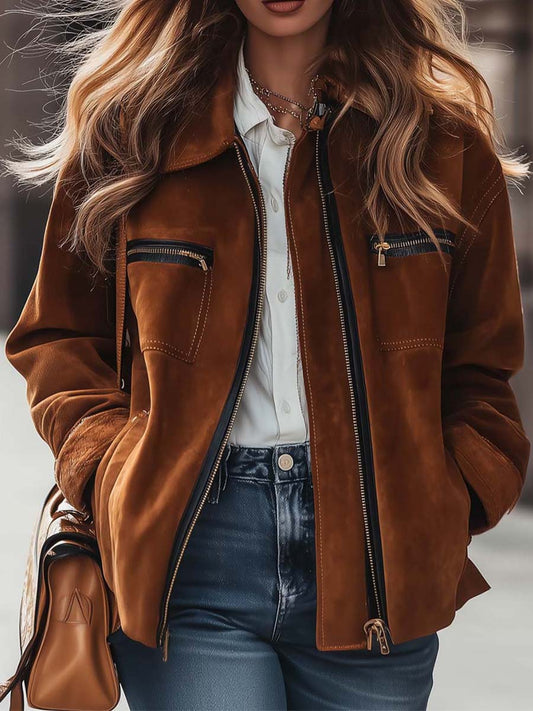 Caramel Microfiber Suede Zip-Up Jacket